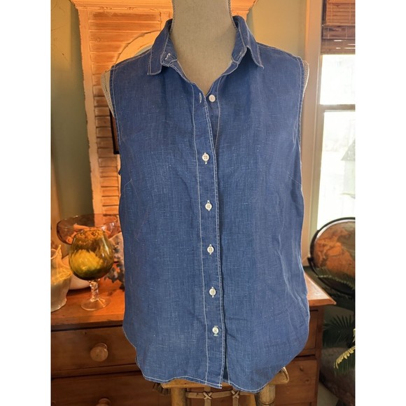 Tommy Bahama Women's Denim Blue Washed Linen Sleeveless Button Up  Blouse Medium - Picture 7 of 11